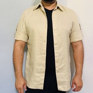 Lauren Ralph Lauren Men 100% Linen Convertible Long Sleeve Light Yellow Shirt‎ L